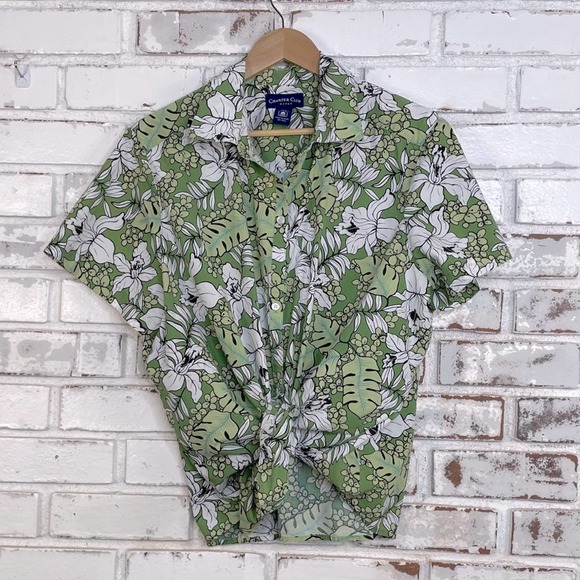Charter Club Tops - Charter Club Green and White Hawaiian Cotton Short Sleeve Button Down Top